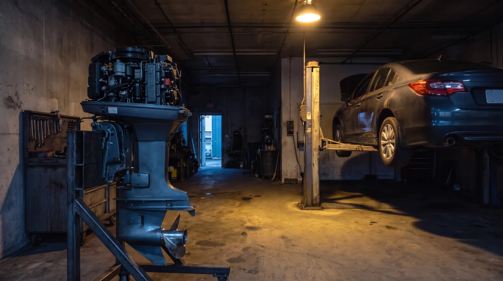Illustrative outboard on a stand, cowling removed, beside a car in a dark repair bay